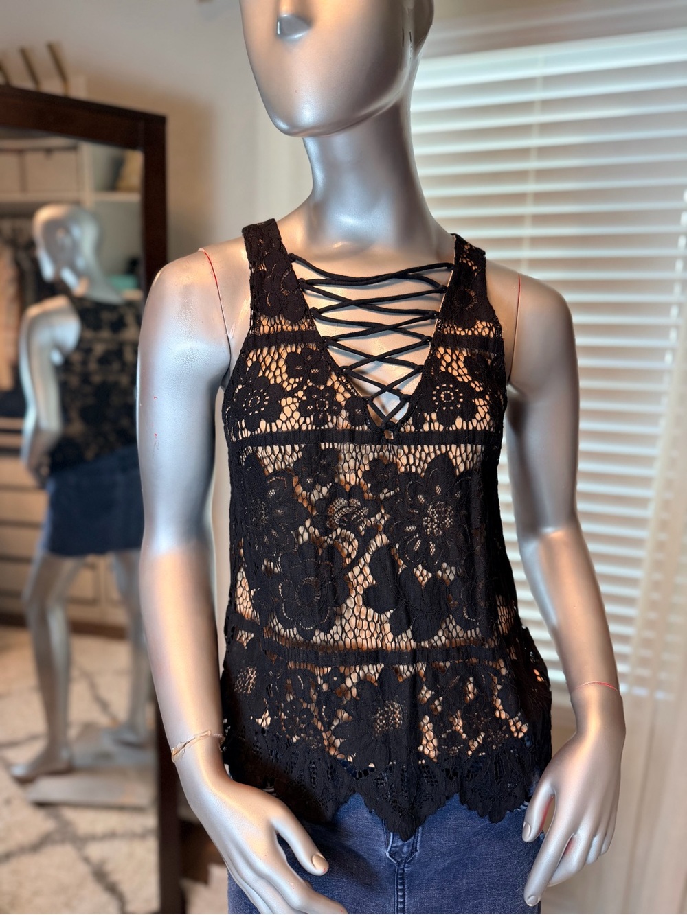 Express Black Crochet Lace Tank Top Small Lace Cotton Modal Floral Boho Y2K